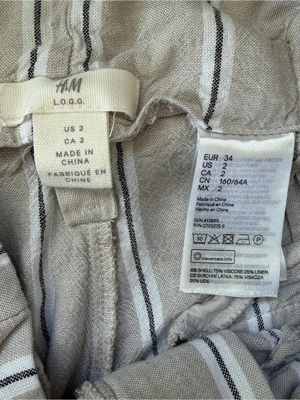 H&M High-Waist Paperbag Tie-Waist Linen Blend Pants - Cream and blue Stripe